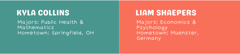 Kyla Collins Majors: Public Health & Mathematics Hometown: Springfield, OH Liam Shaepers Majors: Economics & Psychology Hometown: Muenster, Germany
