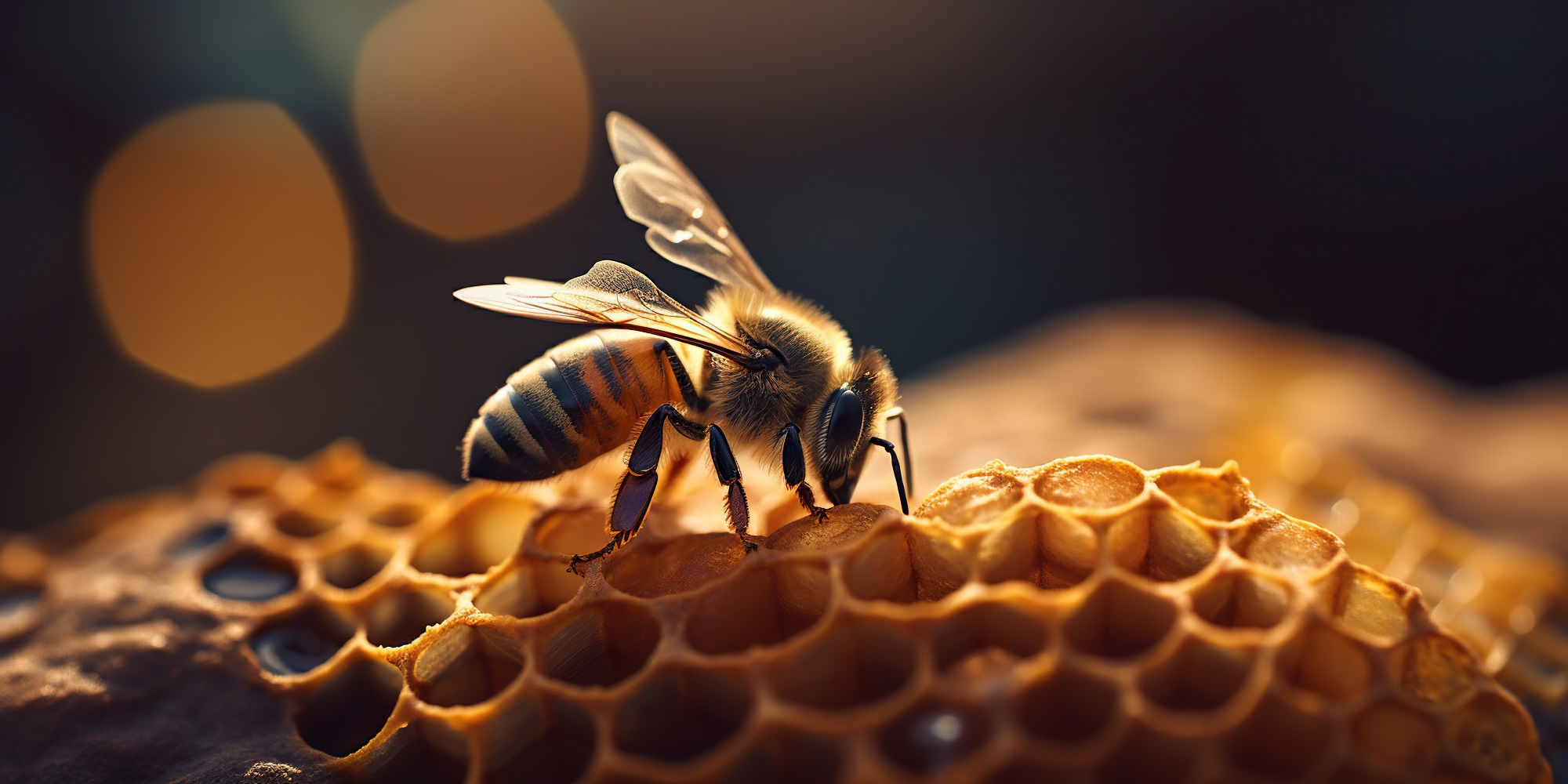 Bee on a honeycomb; macro shot